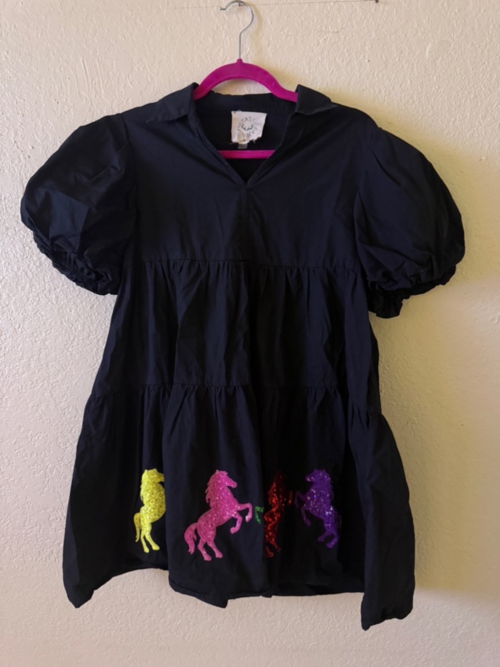 Fantastic Fawn Black Puff Sleeve Dress with Colorful Sequin Horse Design